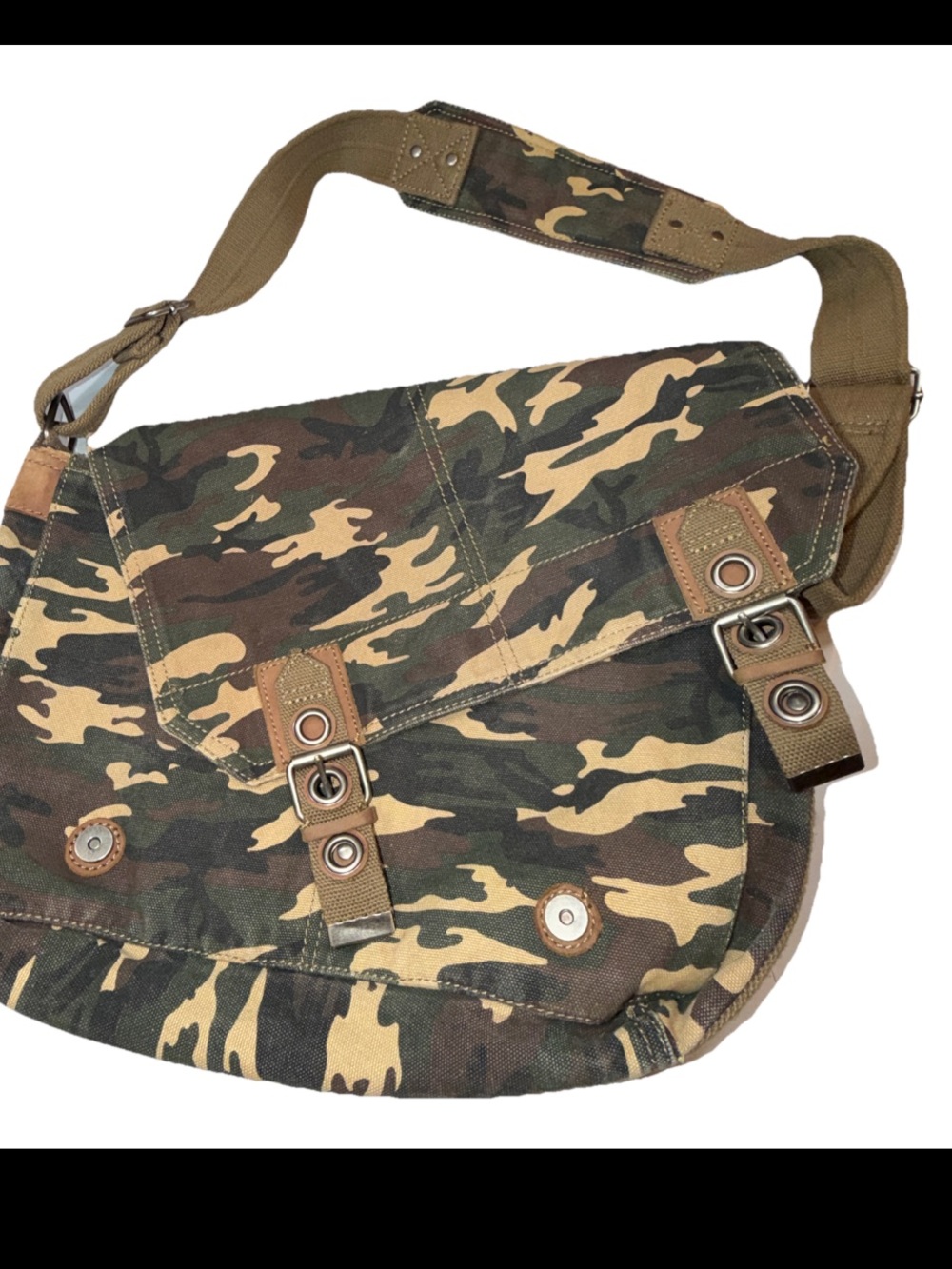 RELIC 1967 Camouflage Green Tan CANVAS Messenger BAG 18x13” rugged Heavy Cotton